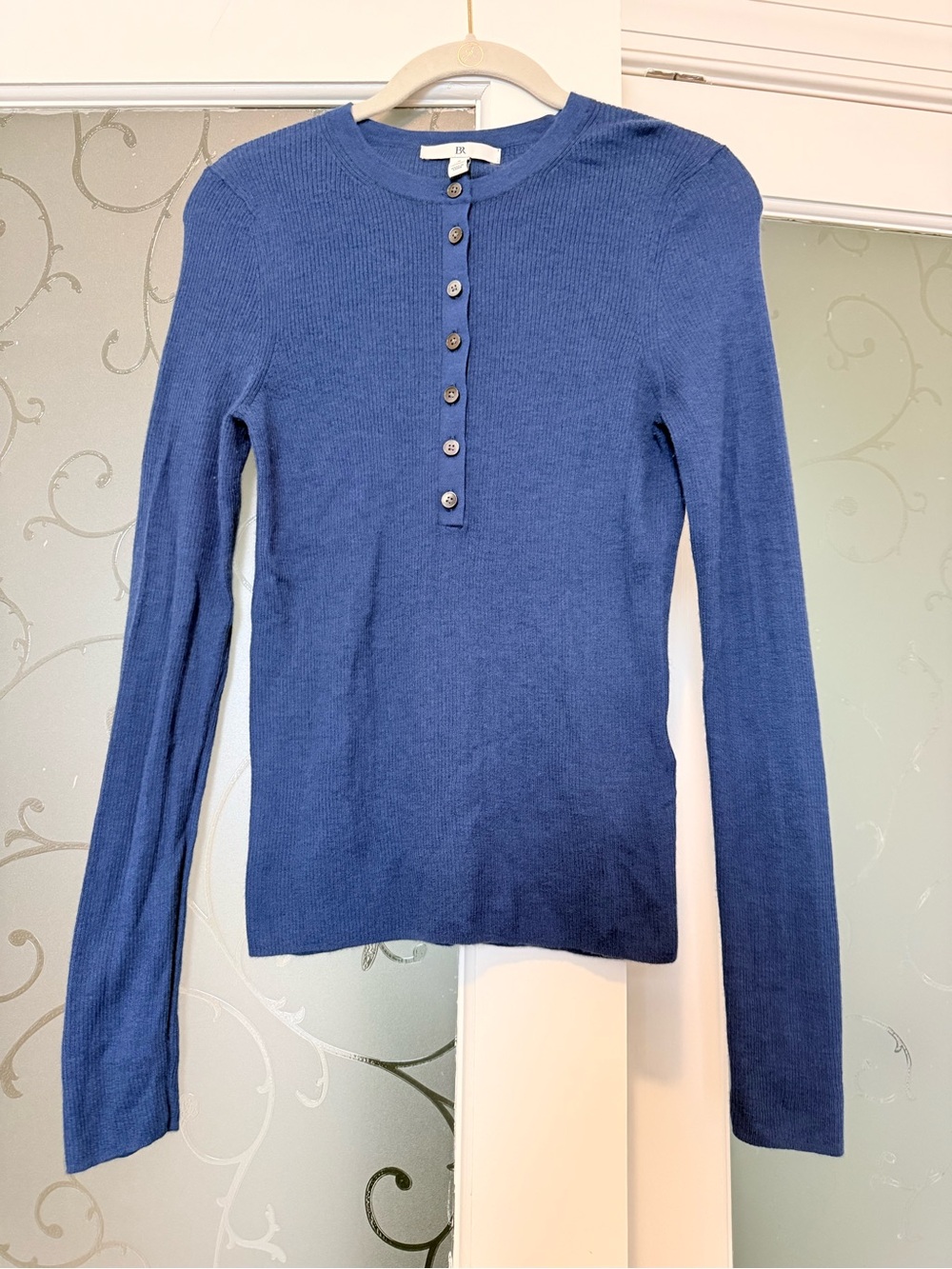 Banana Republic Blue Ribbed Henley Long-Sleeve Top
